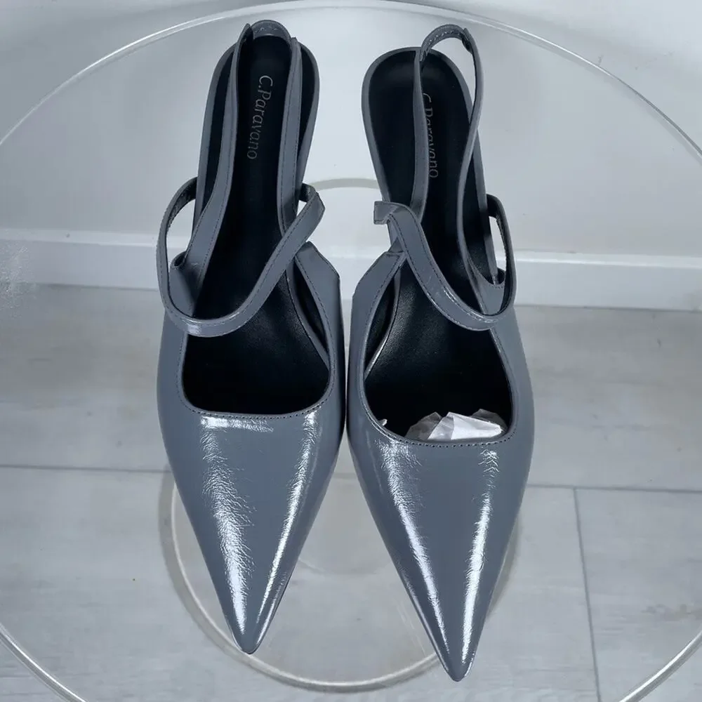 C. Paravano Heels 41 US 10 HELEN Pointed Toe Kitten Heel Gray Leather Business